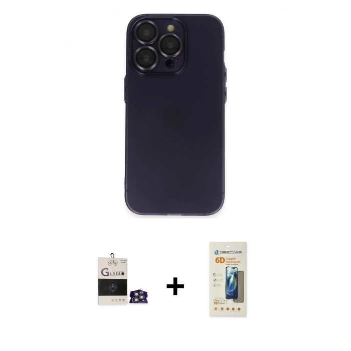 MARSİLYAN™- iPhone 14 Pro Max Kılıf Ufuk Minimal Özel Seri - Siyah 6D Mat Seramik Hayalet Nano Ekran Koruyucu + Gümüş Bilvis Titan Kamera Lens