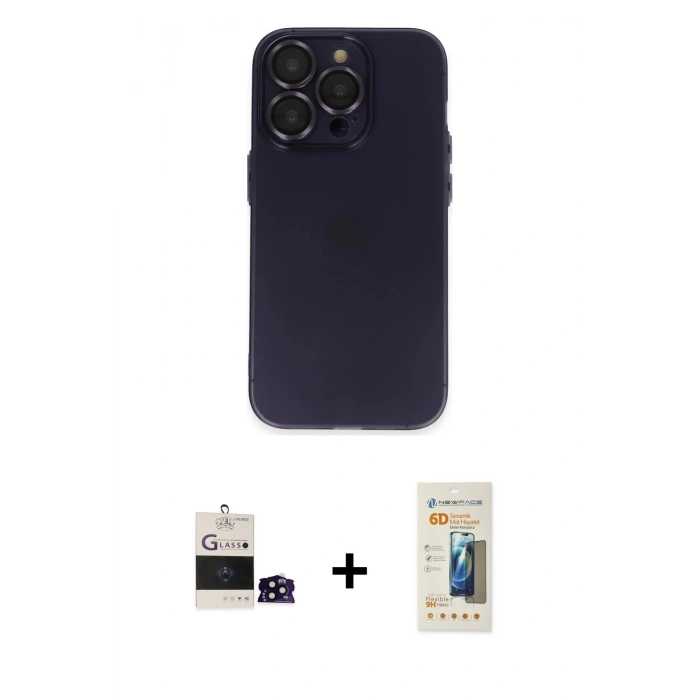 MARSİLYAN™- iPhone 14 Pro Max Kılıf Ufuk Minimal Özel Seri - Siyah 6D Mat Seramik Hayalet Nano Ekran Koruyucu + Bilvis Titan Kamera Lens - SH