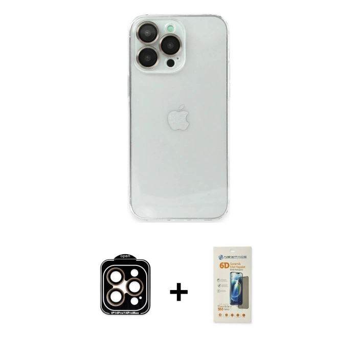 MARSİLYAN™- iPhone 14 Pro Max Kılıf Ufuk Minimal Özel Seri - Siyah 6D Mat Seramik Hayalet Nano Ekran Koruyucu + PVD Metal Kamera Lens - TU