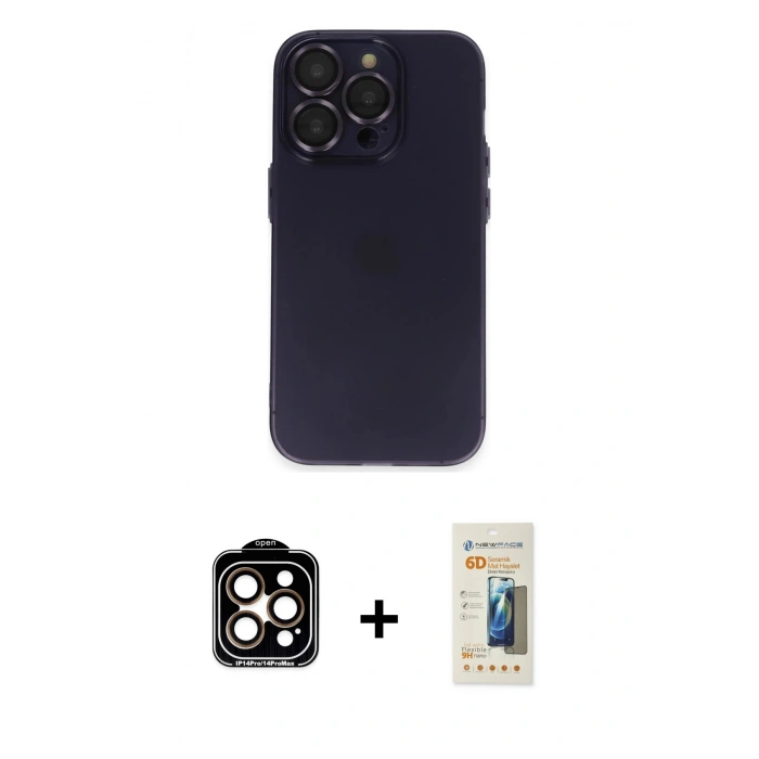 MARSİLYAN™- iPhone 14 Pro Max Kılıf Ufuk Minimal Özel Seri - Siyah 6D Mat Seramik Hayalet Nano Ekran Koruyucu + PVD Metal Kamera Lens - TU