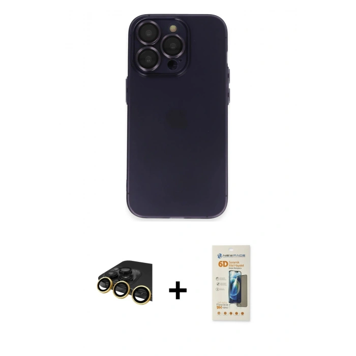 MARSİLYAN™- iPhone 14 Pro Max Kılıf Ufuk Minimal Özel Seri - Siyah 6D Mat Seramik Hayalet Nano Ekran Koruyucu + Raze Metal Kamera Lens - GD