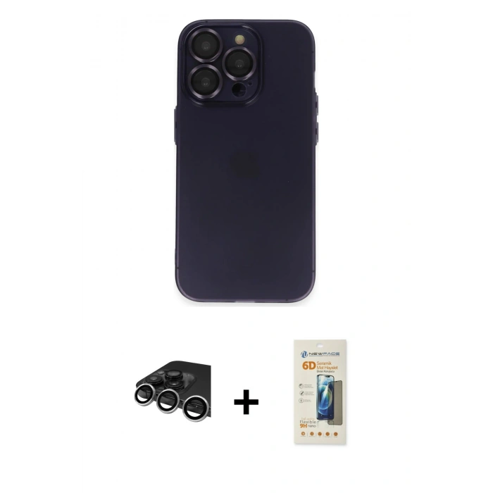 MARSİLYAN™- iPhone 14 Pro Max Kılıf Ufuk Minimal Özel Seri - Siyah 6D Mat Seramik Hayalet Nano Ekran Koruyucu + Raze Metal Kamera Lens - GS