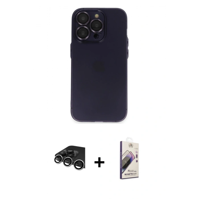 MARSİLYAN™- iPhone 14 Pro Max Kılıf Ufuk Minimal Özel Seri - Siyah Bilvis 3D Mat Cam Ekran Koruyucu + Raze Metal Kamera Lens - GS