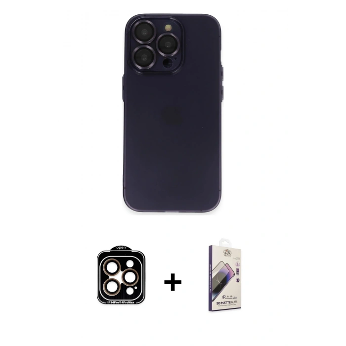 MARSİLYAN™- iPhone 14 Pro Max Kılıf Ufuk Minimal Özel Seri - Siyah Bilvis 3D Mat Cam Ekran Koruyucu + PVD Metal Kamera Lens - TU