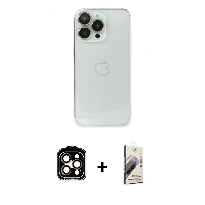 MARSİLYAN™- iPhone 14 Pro Max Kılıf Ufuk Minimal Özel Seri - Siyah Bilvis 3D Mat Cam Ekran Koruyucu + PVD Metal Kamera Lens - TU