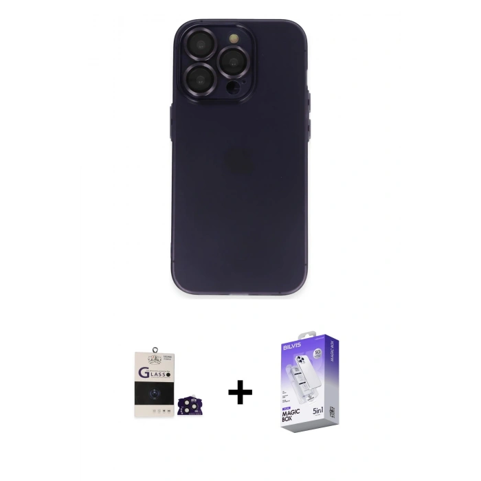 MARSİLYAN™- iPhone 14 Pro Max Kılıf Ufuk Minimal Özel Seri - Siyah Bilvis 5in1 3D Magic Cam Ekran Koruyucu + Derin Mor Bilvis Titan Kamera Lens