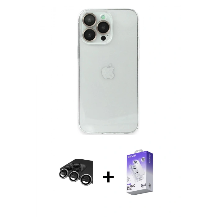 MARSİLYAN™- iPhone 14 Pro Max Kılıf Ufuk Minimal Özel Seri - Siyah Bilvis 5in1 3D Magic Cam Ekran Koruyucu + Raze Metal Kamera Lens - GS