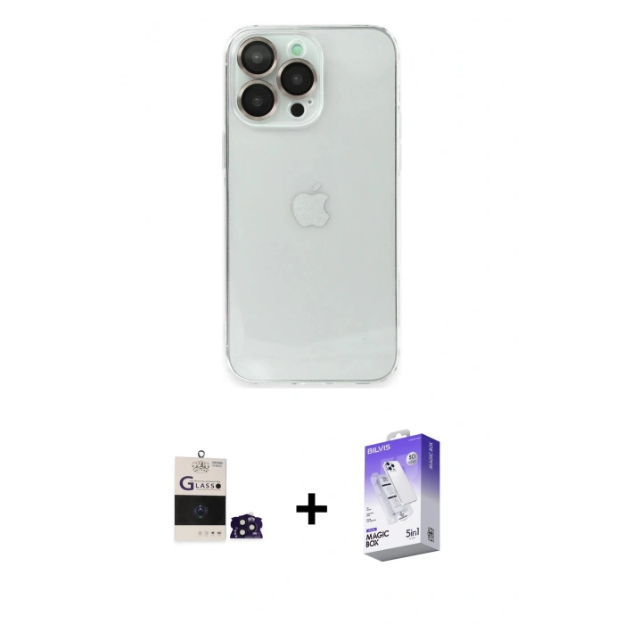 MARSİLYAN™- iPhone 14 Pro Max Kılıf Ufuk Minimal Özel Seri - Siyah Bilvis 5in1 3D Magic Cam Ekran Koruyucu + Derin Mor Bilvis Titan Kamera Lens