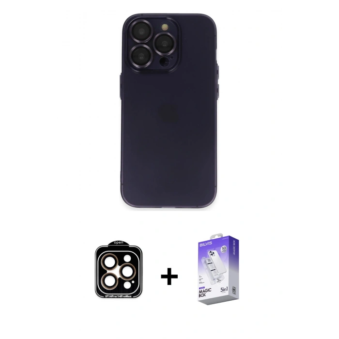 MARSİLYAN™- iPhone 14 Pro Max Kılıf Ufuk Minimal Özel Seri - Siyah Bilvis 5in1 3D Magic Cam Ekran Koruyucu + PVD Metal Kamera Lens - TU