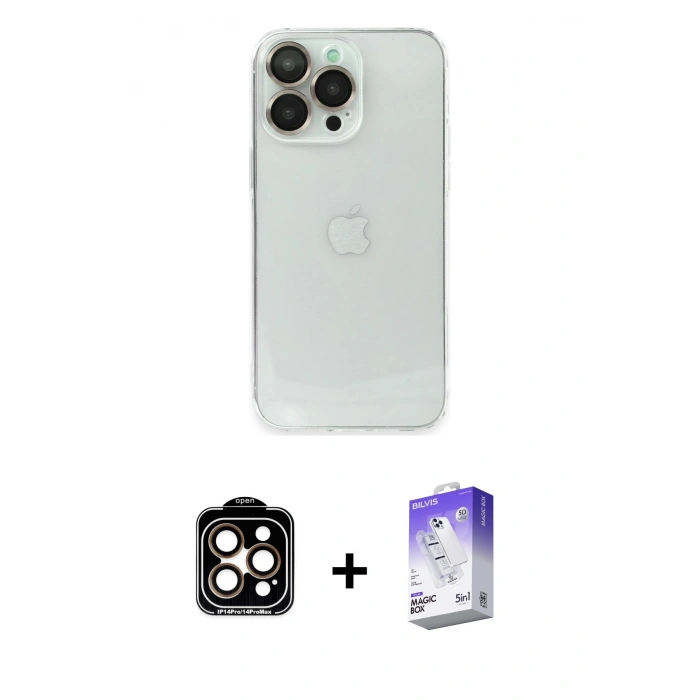 MARSİLYAN™- iPhone 14 Pro Max Kılıf Ufuk Minimal Özel Seri - Siyah Bilvis 5in1 3D Magic Cam Ekran Koruyucu + PVD Metal Kamera Lens - TU