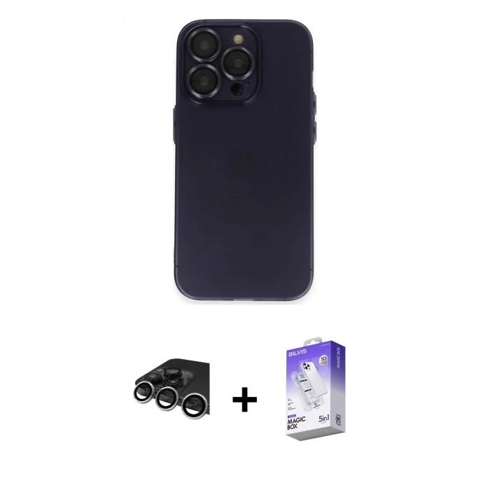 MARSİLYAN™- iPhone 14 Pro Max Kılıf Ufuk Minimal Özel Seri - Siyah Bilvis 5in1 3D Magic Cam Ekran Koruyucu + Raze Metal Kamera Lens - GS