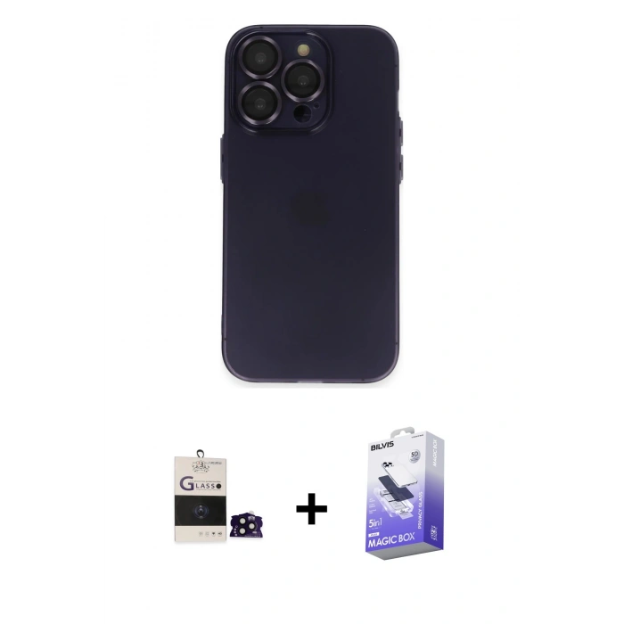 MARSİLYAN™- iPhone 14 Pro Max Kılıf Ufuk Minimal Özel Seri - Siyah Bilvis 5in1 5D Magic Hayalet Cam Ekran Koruyucu + Bilvis Titan Kamera Lens - SH