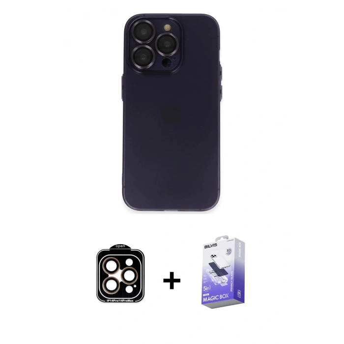 MARSİLYAN™- iPhone 14 Pro Max Kılıf Ufuk Minimal Özel Seri - Siyah Bilvis 5in1 5D Magic Hayalet Cam Ekran Koruyucu + PVD Metal Kamera Lens - TU