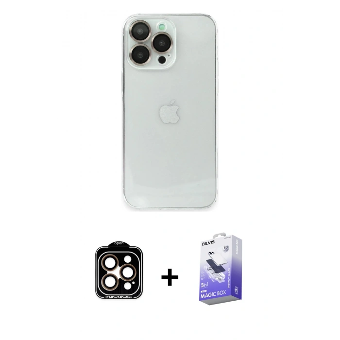 MARSİLYAN™- iPhone 14 Pro Max Kılıf Ufuk Minimal Özel Seri - Siyah Bilvis 5in1 5D Magic Hayalet Cam Ekran Koruyucu + PVD Metal Kamera Lens - TU