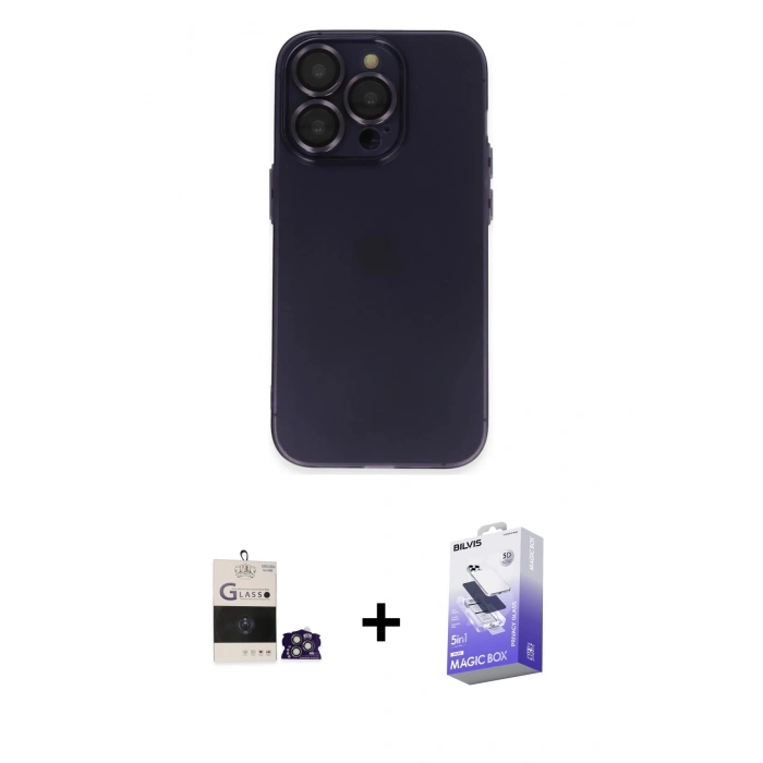 MARSİLYAN™- iPhone 14 Pro Max Kılıf Ufuk Minimal Özel Seri - Siyah Bilvis 5in1 5D Magic Hayalet Cam Ekran Koruyucu + Bilvis Titan Kamera Lens - GS
