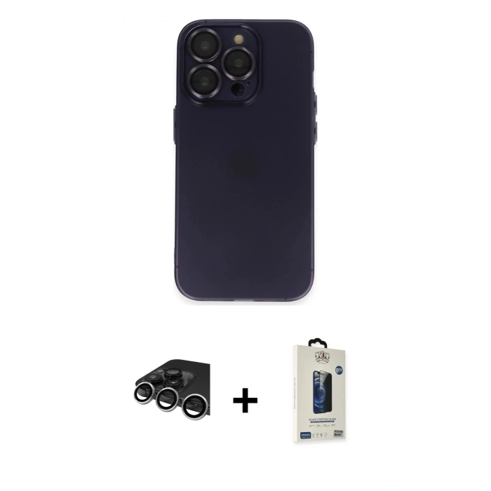 MARSİLYAN™- iPhone 14 Pro Max Kılıf Ufuk Minimal Özel Seri - Siyah Bilvis Hayalet Cam Ekran Koruyucu + Raze Metal Kamera Lens - GS