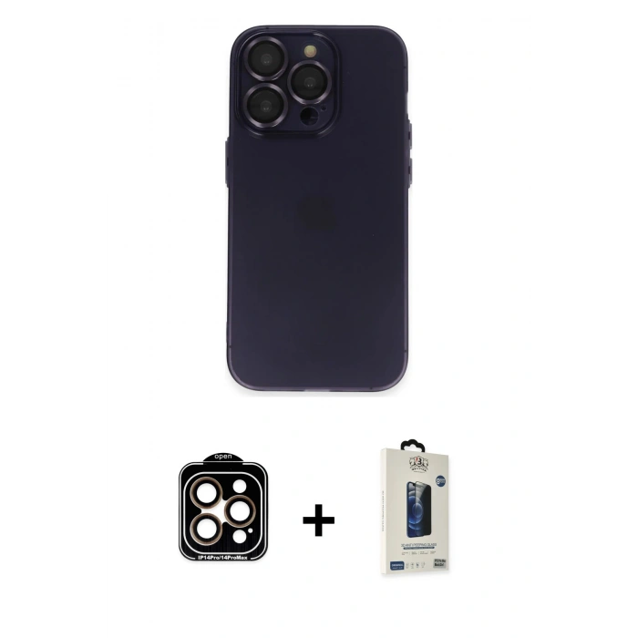 MARSİLYAN™- iPhone 14 Pro Max Kılıf Ufuk Minimal Özel Seri - Siyah Bilvis Hayalet Cam Ekran Koruyucu + PVD Metal Kamera Lens - TU
