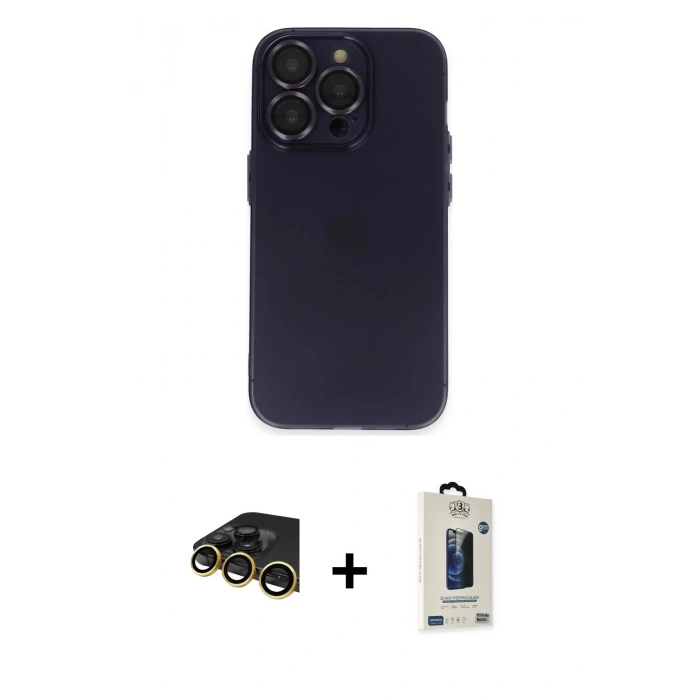 MARSİLYAN™- iPhone 14 Pro Max Kılıf Ufuk Minimal Özel Seri - Siyah Bilvis Hayalet Cam Ekran Koruyucu + Raze Metal Kamera Lens - GD