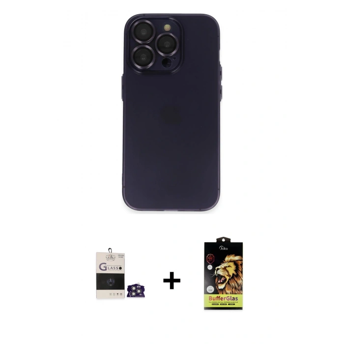 MARSİLYAN™- iPhone 14 Pro Max Kılıf Ufuk Minimal Özel Seri - Siyah Buffer Cam Ekran Koruyucu + Bilvis Titan Kamera Lens - GS
