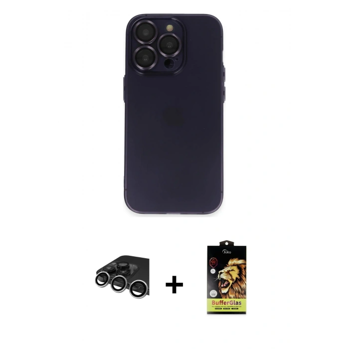 MARSİLYAN™- iPhone 14 Pro Max Kılıf Ufuk Minimal Özel Seri - Siyah Buffer Cam Ekran Koruyucu + Raze Metal Kamera Lens - GS
