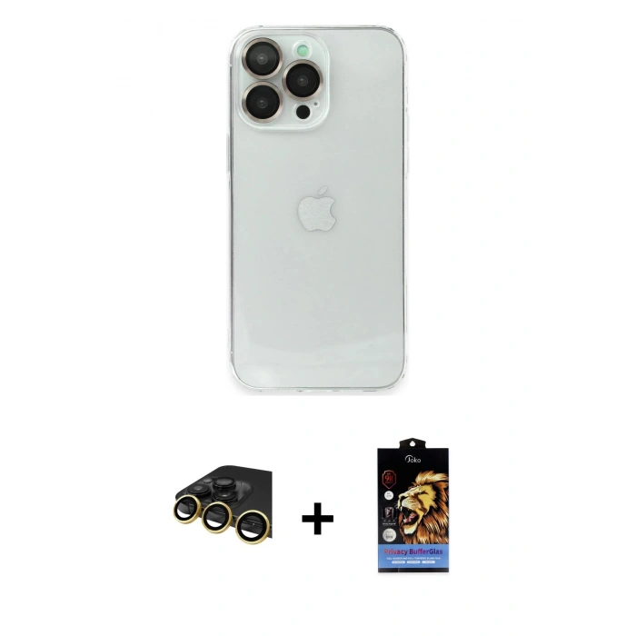 MARSİLYAN™- iPhone 14 Pro Max Kılıf Ufuk Minimal Özel Seri - Siyah Buffer Hayalet Cam Ekran Koruyucu + Gold Raze Metal Kamera Lens