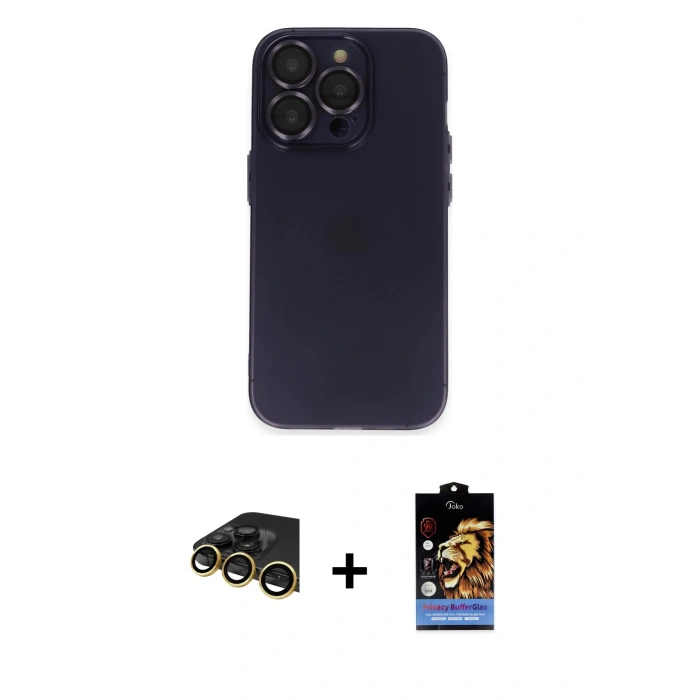 MARSİLYAN™- iPhone 14 Pro Max Kılıf Ufuk Minimal Özel Seri - Siyah Buffer Hayalet Cam Ekran Koruyucu + Gold Raze Metal Kamera Lens