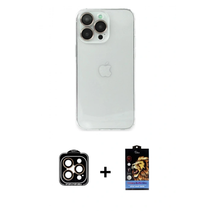 MARSİLYAN™- iPhone 14 Pro Max Kılıf Ufuk Minimal Özel Seri - Siyah Buffer Hayalet Cam Ekran Koruyucu + Turuncu PVD Metal Kamera Lens