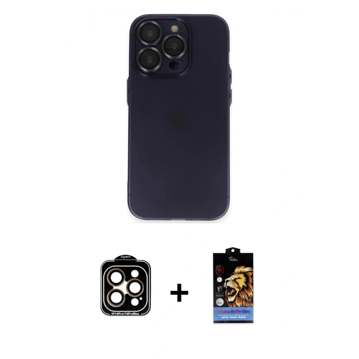 MARSİLYAN™- iPhone 14 Pro Max Kılıf Ufuk Minimal Özel Seri - Siyah Buffer Hayalet Cam Ekran Koruyucu + Turuncu PVD Metal Kamera Lens