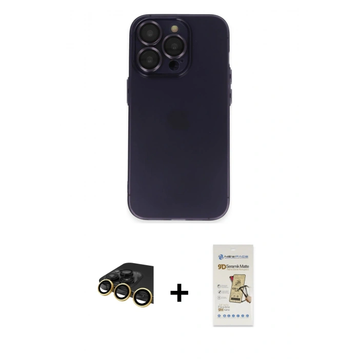MARSİLYAN™- iPhone 14 Pro Max Kılıf Ufuk Minimal Özel Seri - Siyah Mat Seramik Nano Ekran Koruyucu + Raze Metal Kamera Lens - GD