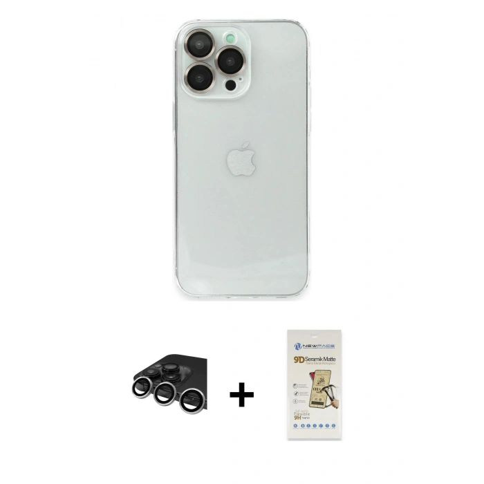 MARSİLYAN™- iPhone 14 Pro Max Kılıf Ufuk Minimal Özel Seri - Siyah Mat Seramik Nano Ekran Koruyucu + Raze Metal Kamera Lens - GS