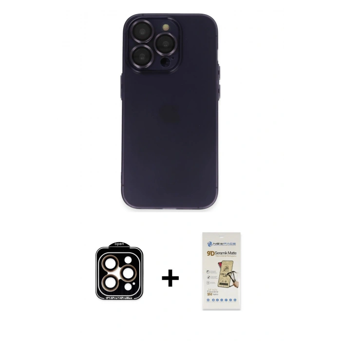 MARSİLYAN™- iPhone 14 Pro Max Kılıf Ufuk Minimal Özel Seri - Siyah Mat Seramik Nano Ekran Koruyucu + Turuncu PVD Metal Kamera Lens