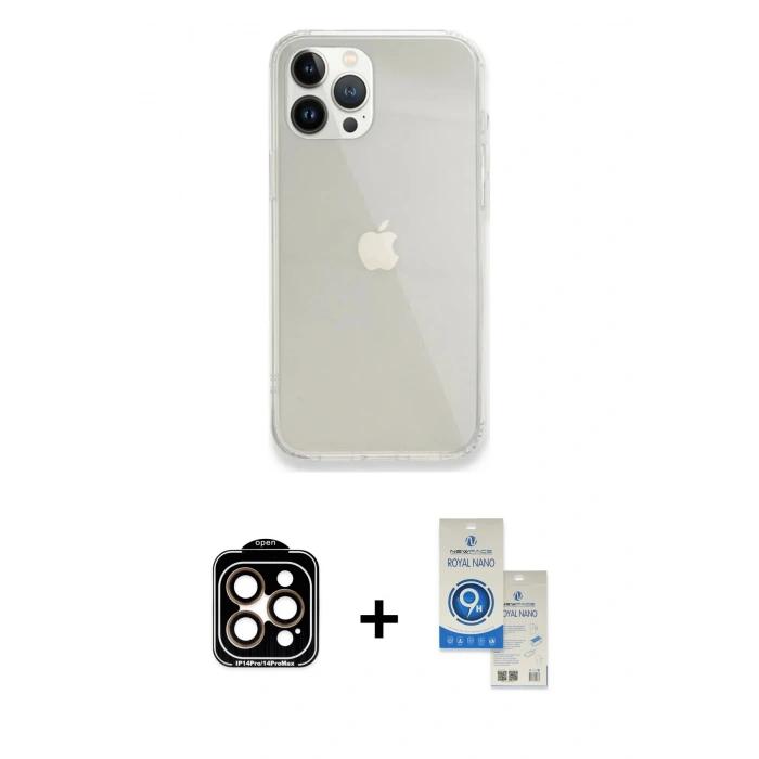 MARSİLYAN™- iPhone 14 Pro Max Kılıf Vadi Asil Prime - Şeffaf Royal Nano Ekran Koruyucu + PVD Metal Kamera Lens - TU