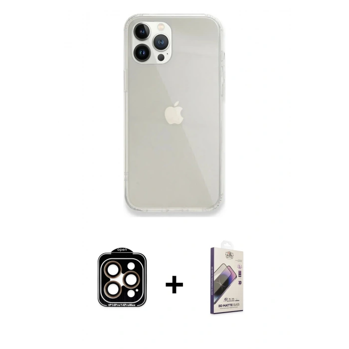 MARSİLYAN™- iPhone 14 Pro Max Kılıf Vadi Asil Prime - Siyah Bilvis 3D Mat Cam Ekran Koruyucu + PVD Metal Kamera Lens - TU