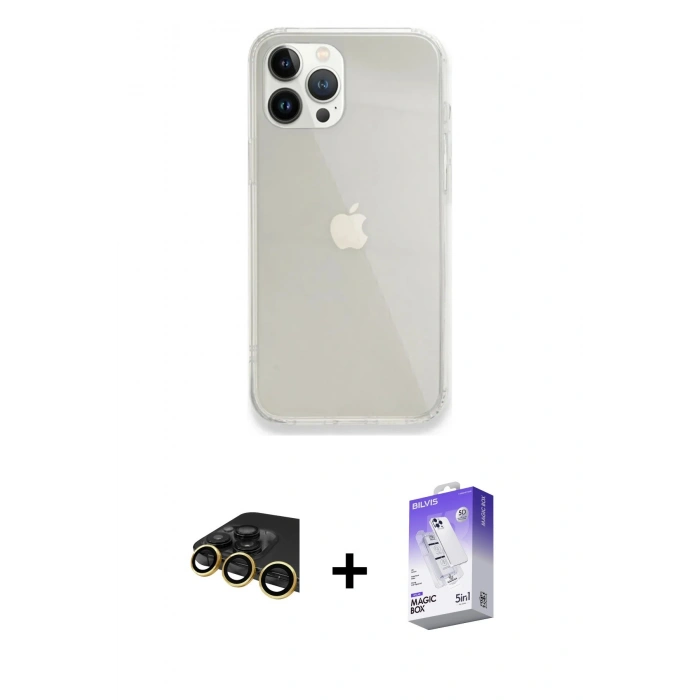 MARSİLYAN™- iPhone 14 Pro Max Kılıf Vadi Asil Prime - Siyah Bilvis 5in1 3D Magic Cam Ekran Koruyucu + Gold Raze Metal Kamera Lens