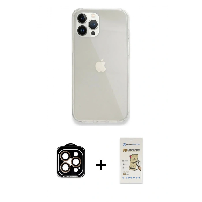 MARSİLYAN™- iPhone 14 Pro Max Kılıf Vadi Asil Prime - Siyah Mat Seramik Nano Ekran Koruyucu + Turuncu PVD Metal Kamera Lens