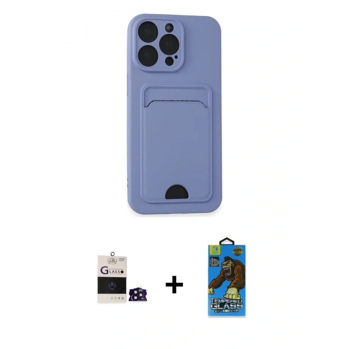 MARSİLYAN™- iPhone 14 Pro Max Kılıf Vadi Çizgi Prime - Siyah 18D Cam Ekran Koruyucu + Derin Mor Bilvis Titan Kamera Lens