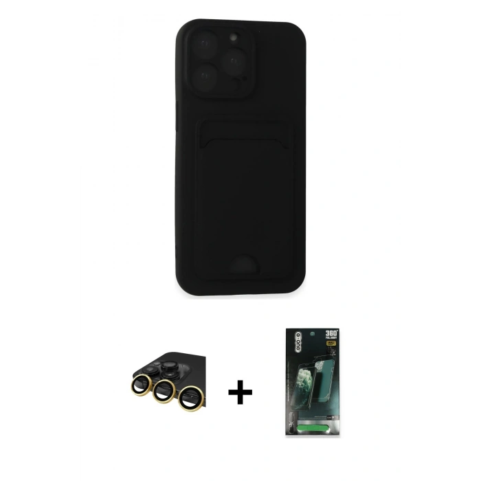 MARSİLYAN™- iPhone 14 Pro Max Kılıf Vadi Çizgi Prime - Siyah 360 Mat Full Body Arka Koruyucu + Raze Metal Kamera Lens - GD