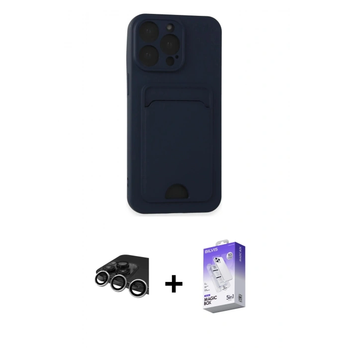 MARSİLYAN™- iPhone 14 Pro Max Kılıf Vadi Çizgi Prime - Siyah Bilvis 5in1 3D Magic Cam Ekran Koruyucu + Gümüş Raze Metal Kamera Lens