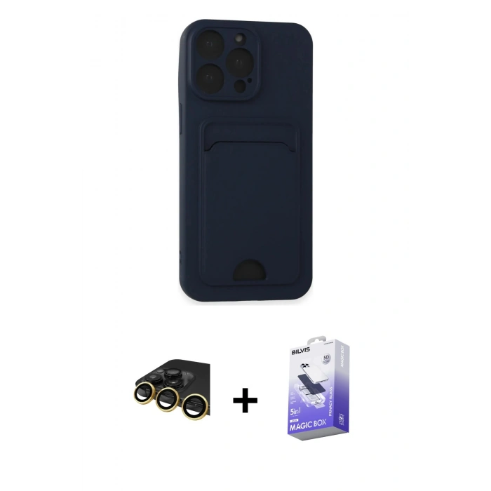 MARSİLYAN™- iPhone 14 Pro Max Kılıf Vadi Çizgi Prime - Siyah Bilvis 5in1 5D Magic Hayalet Cam Ekran Koruyucu + Gold Raze Metal Kamera Lens
