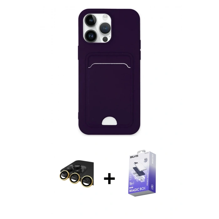 MARSİLYAN™- iPhone 14 Pro Max Kılıf Vadi Çizgi Prime - Siyah Bilvis 5in1 5D Magic Hayalet Cam Ekran Koruyucu + Gold Raze Metal Kamera Lens