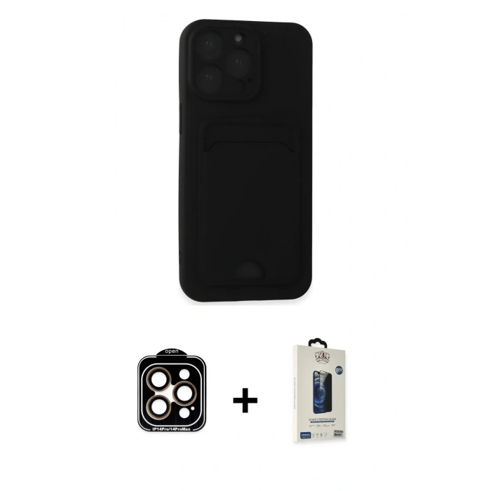 MARSİLYAN™- iPhone 14 Pro Max Kılıf Vadi Çizgi Prime - Siyah Bilvis Hayalet Cam Ekran Koruyucu + PVD Metal Kamera Lens - TU