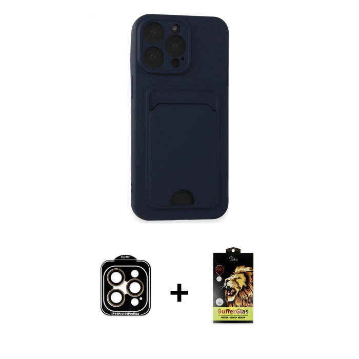 MARSİLYAN™- iPhone 14 Pro Max Kılıf Vadi Çizgi Prime - Siyah Buffer Cam Ekran Koruyucu + PVD Metal Kamera Lens - TU
