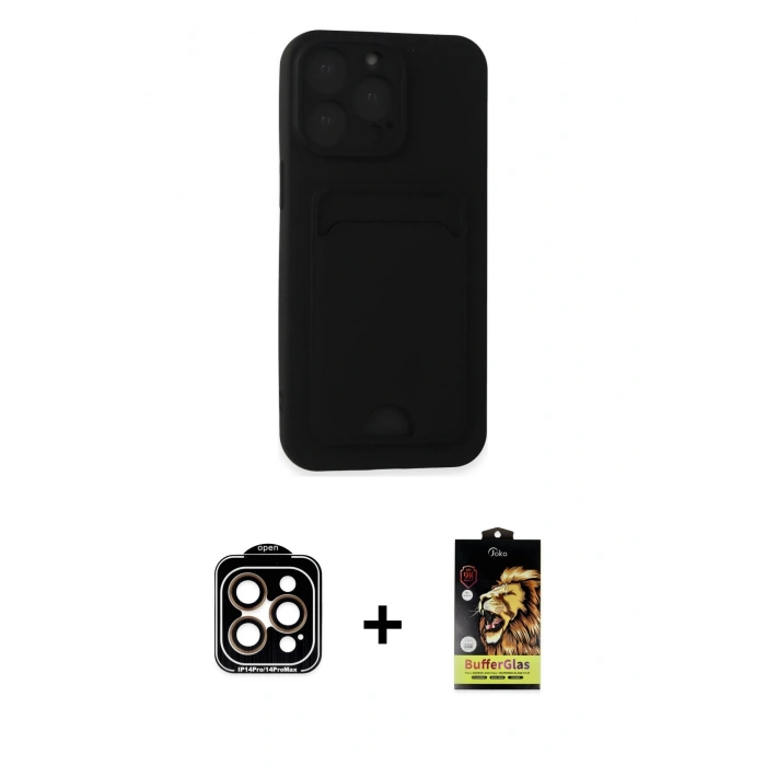 MARSİLYAN™- iPhone 14 Pro Max Kılıf Vadi Çizgi Prime - Siyah Buffer Cam Ekran Koruyucu + PVD Metal Kamera Lens - TU