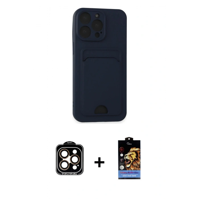 MARSİLYAN™- iPhone 14 Pro Max Kılıf Vadi Çizgi Prime - Siyah Buffer Hayalet Cam Ekran Koruyucu + PVD Metal Kamera Lens - TU