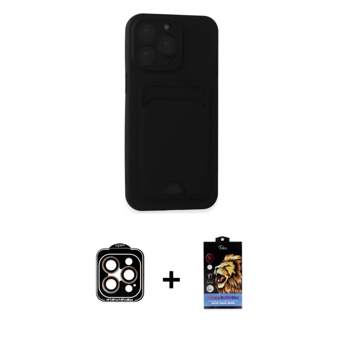 MARSİLYAN™- iPhone 14 Pro Max Kılıf Vadi Çizgi Prime - Siyah Buffer Hayalet Cam Ekran Koruyucu + PVD Metal Kamera Lens - TU