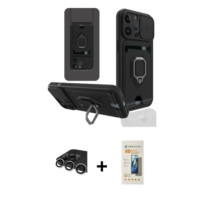 MARSİLYAN™- iPhone 14 Pro Max Kılıf Vadi Form Prime - Siyah 6D Mat Seramik Hayalet Nano Ekran Koruyucu + Raze Metal Kamera Lens - GS