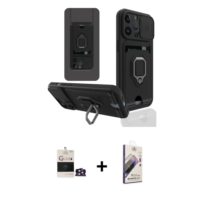 MARSİLYAN™- iPhone 14 Pro Max Kılıf Vadi Form Prime - Siyah Bilvis 3D Mat Cam Ekran Koruyucu + Gold Bilvis Titan Kamera Lens