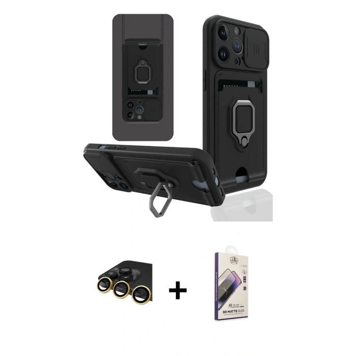MARSİLYAN™- iPhone 14 Pro Max Kılıf Vadi Form Prime - Siyah Bilvis 3D Mat Cam Ekran Koruyucu + Raze Metal Kamera Lens - GD