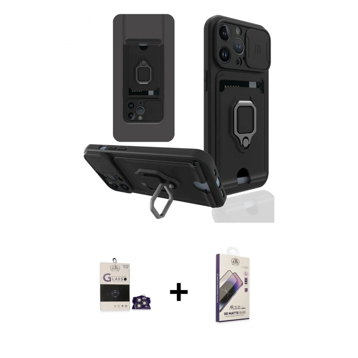 MARSİLYAN™- iPhone 14 Pro Max Kılıf Vadi Form Prime - Siyah Bilvis 3D Mat Cam Ekran Koruyucu + Gümüş Bilvis Titan Kamera Lens