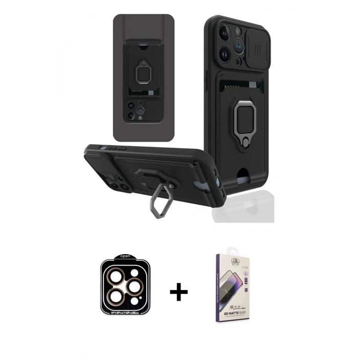 MARSİLYAN™- iPhone 14 Pro Max Kılıf Vadi Form Prime - Siyah Bilvis 3D Mat Cam Ekran Koruyucu + PVD Metal Kamera Lens - TU
